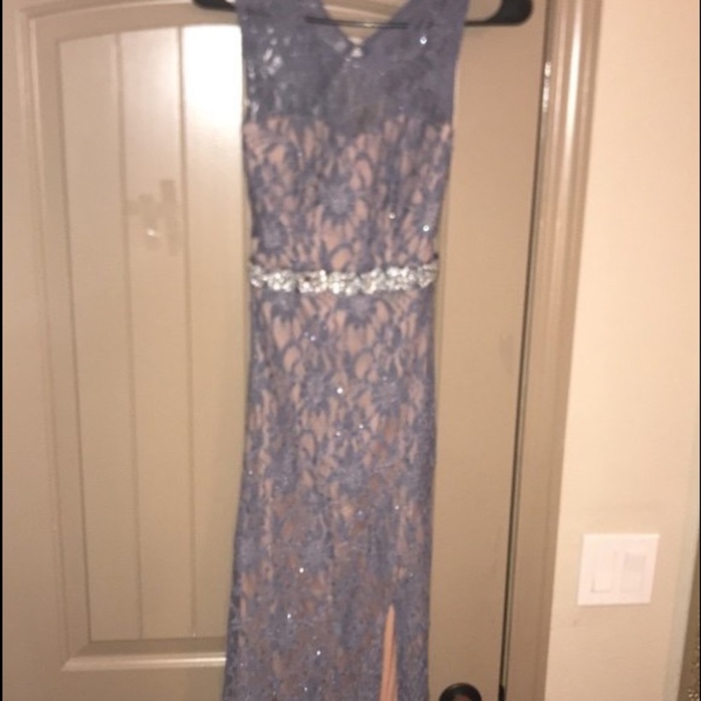 Long grey lace dress with slit